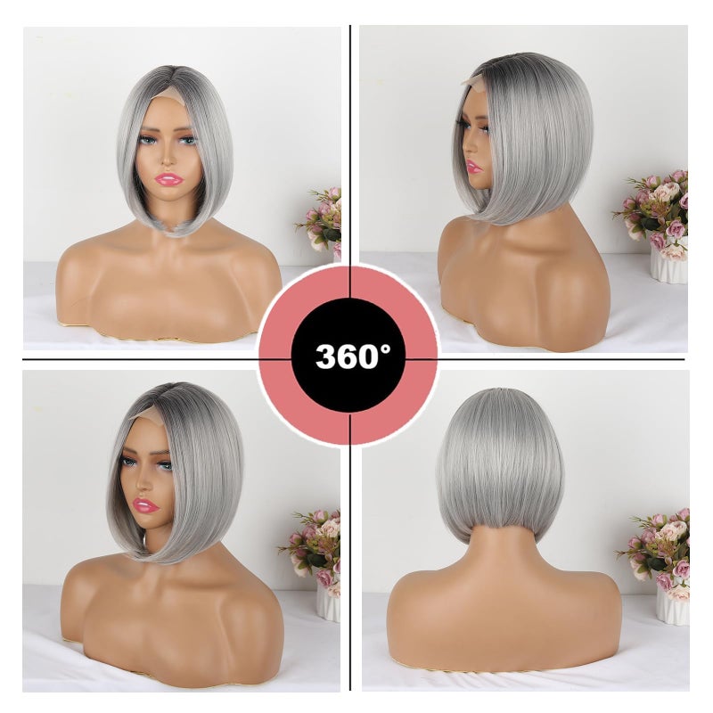 سينهو باروكة شعر بوب قصيرة للنساء من سينهو، بوب بزاوية مع جذور داكنة، باروكة بوب رمادية للنساء بطول 10-12 بوصة، باروكة أوليفيا ذات مقدمة دانتيل، باروكة صناعية بطول الكتف للنساء، باروكة بوب مقلوبة حادة - Image 3
